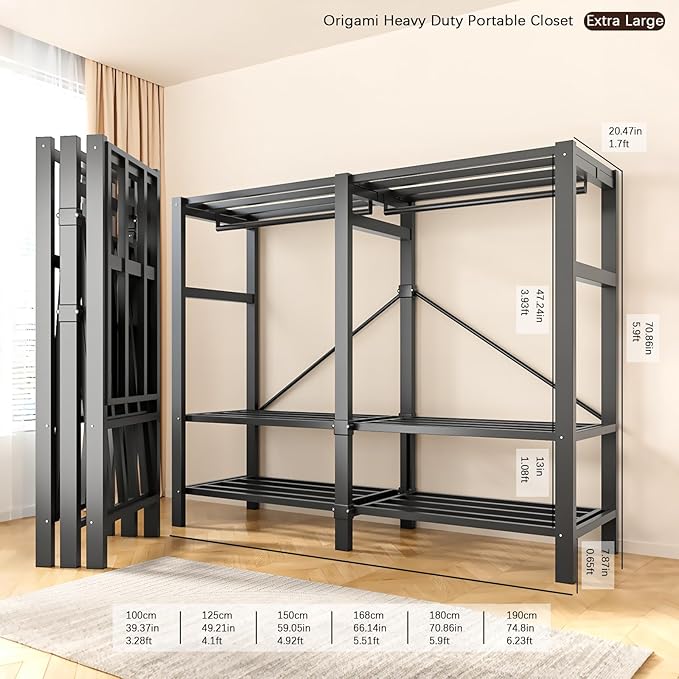 Foldable Portable Armoire Wardrobe Closet for Hanging Clothes Rack, Heavy Duty Covered Clothes Rack with Cover(HARDBOARD Magnetic), Closet Garment Rack for Bedroom Storage (KT Black, 66.14in)