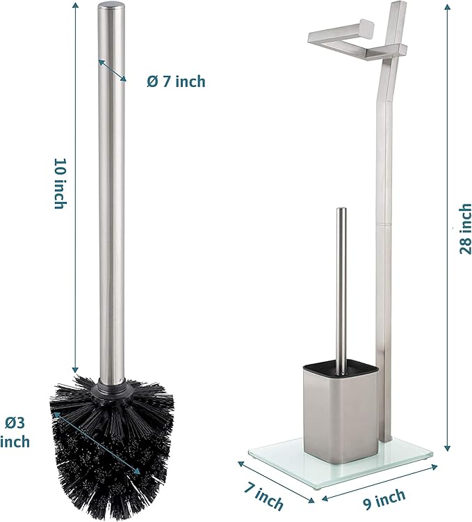 WC Set with roll Holder - White – Toilet Paper Holder - Stainless Steel – Glass Base –Dim.: 32x20x70cm– Easy Installation – Plus: 1+2 Extra Toilet Brush Heads for Exchange!