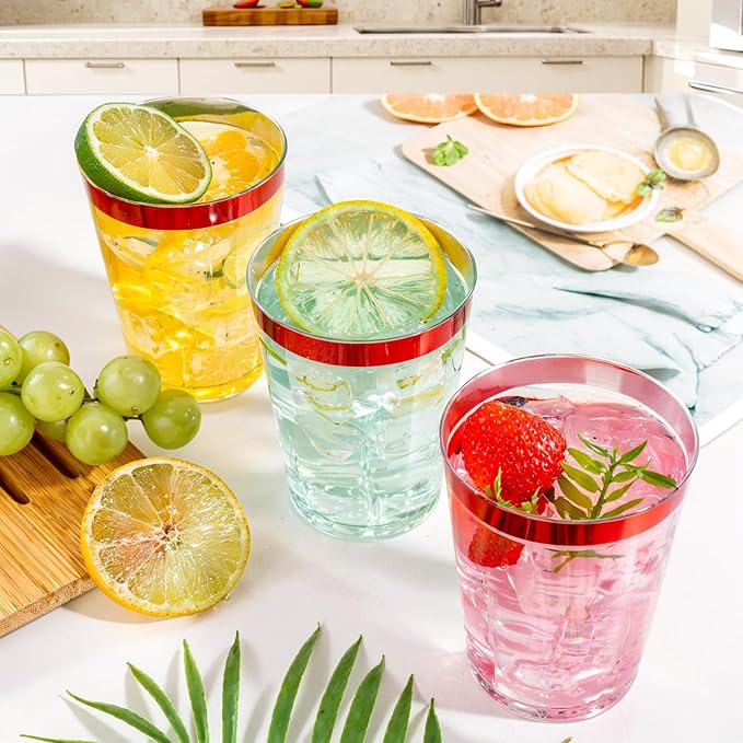 DaYammi 100 Pack Red Plastic Cups 10 Oz Clear Red Rimmed Plastic Cups for Party Fancy Disposable Cup for Wedding Disposable Glasses Clear Tumblers with Rim for Christmas Elegant Wine Cocktail Cup