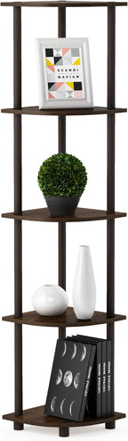 Furinno TURN-N-TUBE Corner Shelf Set of 2, 5-Tier Corner Bookshelf, Open Storage Shelves, for Organization and Storage, Living Room, Home Office, Garage, Walnut
