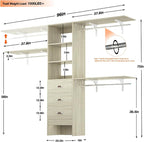 iSunirm 8FT Closet System, 96'' Closet Organizer System with 3 Hanging Rods, Wall Mount Bedroom Wardrobe with 3 Drawers Walk-in Closet, Adjustable Garment Rack from 5 to 8FT(Cut to Fit), White Oak