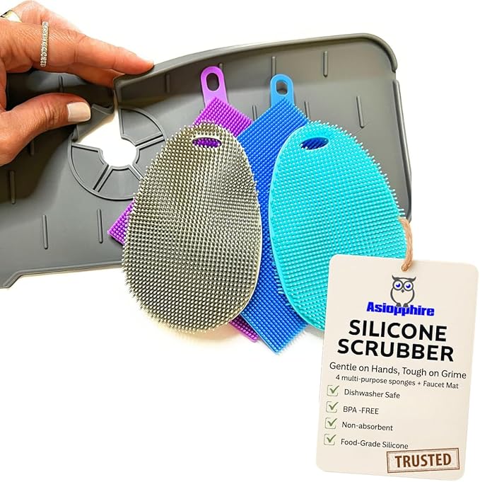 Faucet Mat for Sink - Silicone Scrubber Dish Set, Splash Guard, Food Grade BPA Free Kitchen Scrubber
