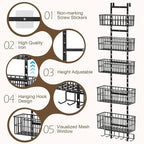 Hongtamoya Adjustable Over the Door Organizer, Metal Hanging Door Organizer with 5 Wire Basket 7 Hooks, Wall Mounted Shelf for Pantry Laundry Organization and Storage, Black