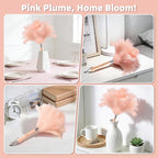 Pink Ostrich Feather Duster with Wooden Handle, 13.5 inch Natural Fluffy Cleaning Tool for Dusting Home, Car, Delicate Surfaces, Reusable Decorative Duster for Ledges, Blinds & Delicate Home Decor