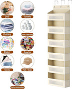 Over The Door Organizer with 6 Large Pockets, Over the Door Storage 12 Side Pockets, Hanging Door Organzier 44 lb Load Behind Door Storage Hanging Shelf for Closet Wall Bathroom Nursery, 6-Tier Beige