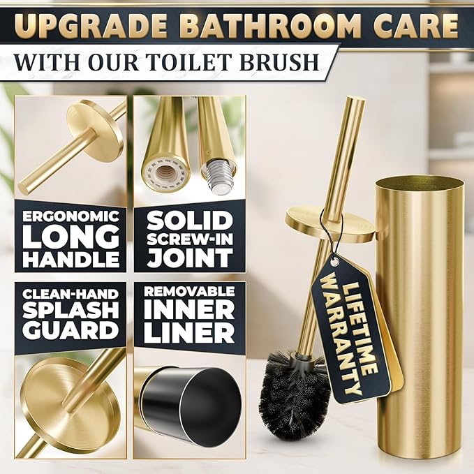 2 PCS Gold Toilet Brush and Holder Set - Brushed Stainless Steel Gold Toilet Bowl Brush and Holder with Replacable Head, Removable Inner Bowl, and Splash Protection - Dense Bristles for Cleaning
