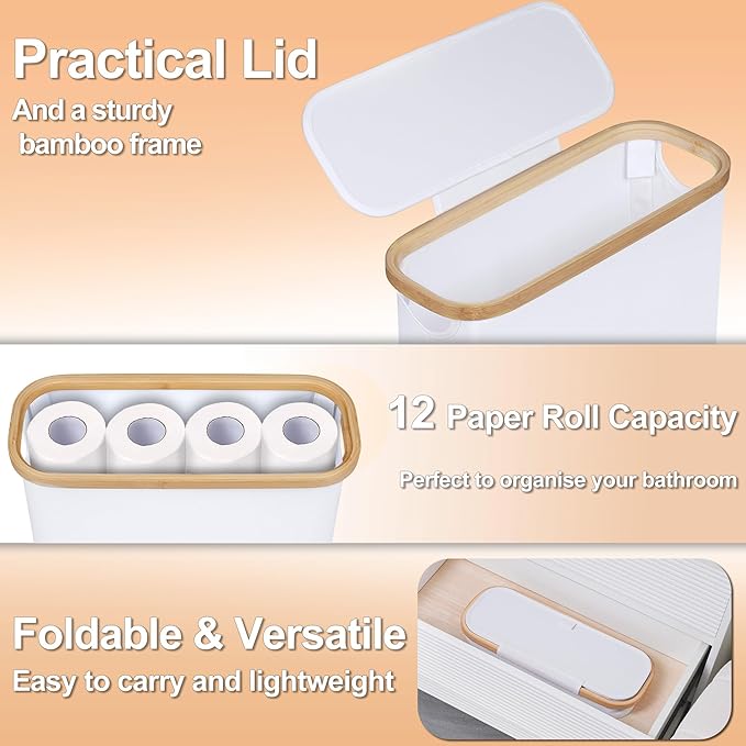 efluky Toilet Paper Basket 28L, Toilet Paper Holder with Lid for Bathroom, Free Standing Storage Organizer Holds Up to 9-12 Rolls (White, 1)