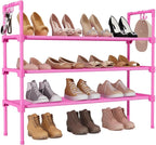 LANTEFUL 3 Tier Shoe Rack for Closet, Shoe Organizer with 5 Hooks, Long Shoe Shelf Storage for Shoe and Boot Stackable Free Standing Shoe Rack for Entryway, Garage, Small Spaces, Dorm, Pink