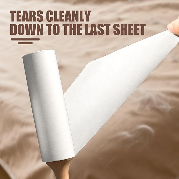 Lint Roller with Wooden Handle- 6.3 Inch Refills, 4 Rolls x 100 Sheets with Adjustable Tool | Pet Hair Remover for Furniture, Clothing | Ergonomic Grip, Durable Design