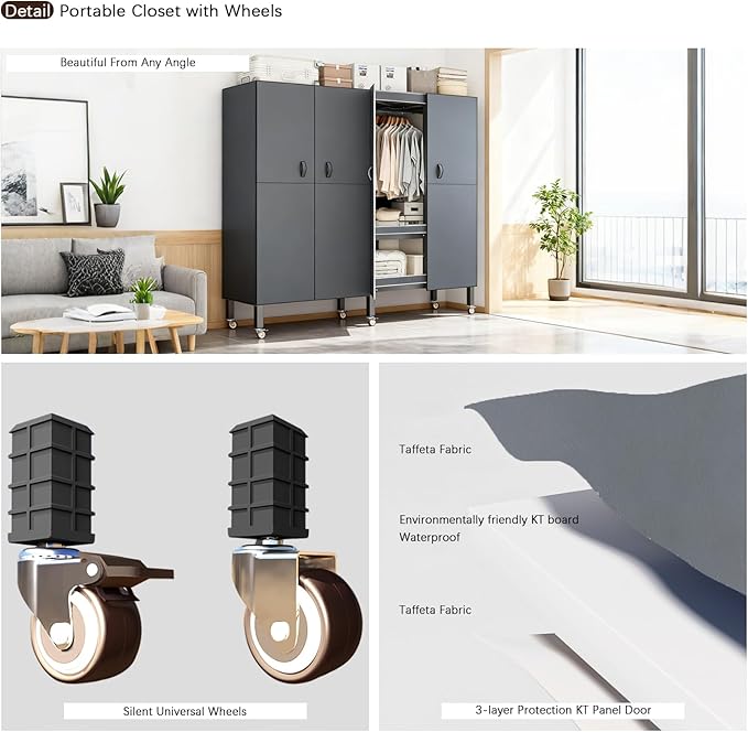 Foldable Portable Armoire Wardrobe Closet for Hanging Clothes Rack, Heavy Duty Covered Clothes Rack with Cover(HARDBOARD Magnetic), Closet Garment Rack for Bedroom Storage (KT Grey, 74.8in)