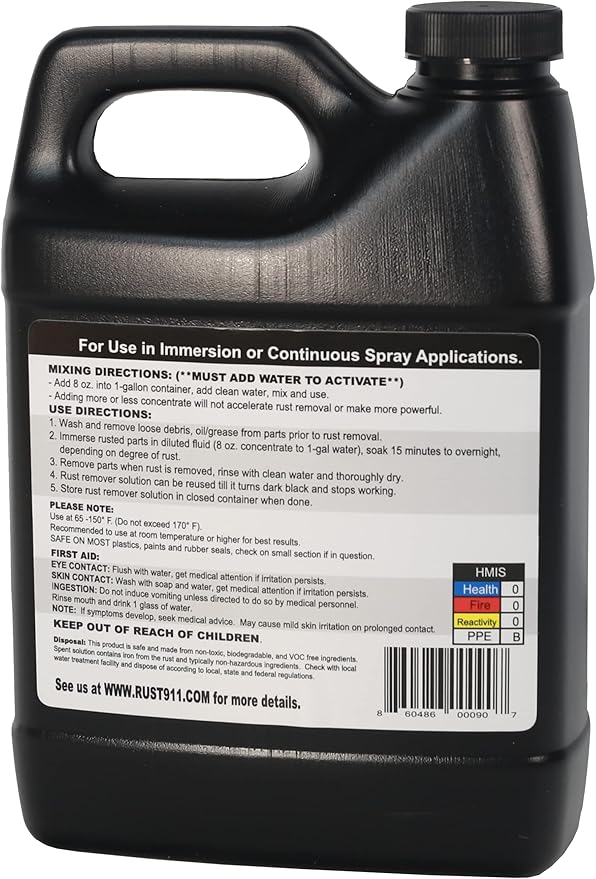 Rust911: Makes 4-gallons of Rust Remover Dissolver - Economical, Safe-to-Use, No Acids - Fast Rust Removal Without Sanding or Harsh Chemicals - Ultra-Concentrated 32-Ounce Bottle
