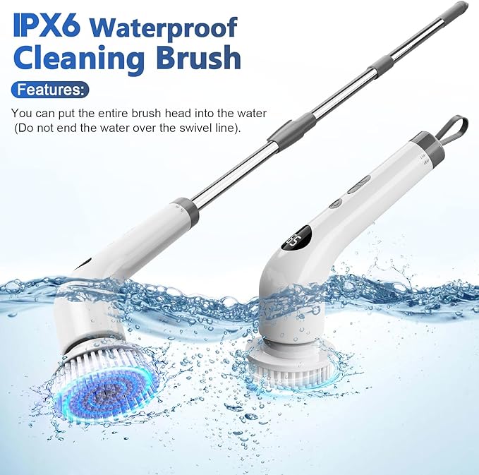 Qimedo Handheld Spin Scrubber with Extended Long Handle, Rechargeable Electric Scrubber for Cleaning, Cordless Power Dish Scrubber with 6 Brushes for Bathtub Grout Tile Floor