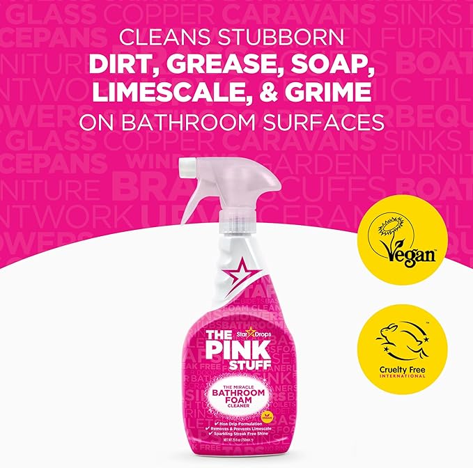 Stardrops - The Pink Stuff Bathroom Cleaning Kit – Cleaning Paste, Bathroom Foam Spray, Toilet Foaming Powder, SQeeZY Sponge & 3 Microfiber Cloths – Tough on Stains, Grease & Soap Scum