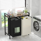 Huhote Double Compartment Laundry Basket, Laundry Sorter with Top Shelf, 2 Removable Washable Bags, Side Pockets, Black & White
