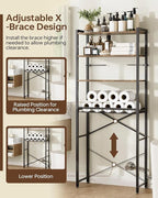 4-Tier Over-the-Toilet Storage Rack with One-Piece Wooden Shelves & Open Net Basket, Bathroom Organizer with Adjustable Feet & Anti-Tip Kit, Space-Saving Toilet Shelf, Brown, 24.4" x 9.4" x 69.3"