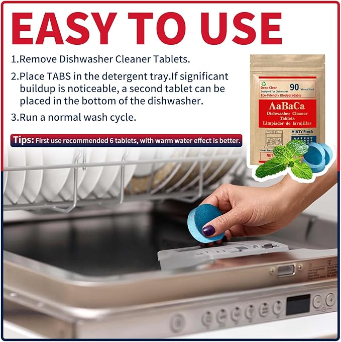 Dishwasher Cleaner Tablets 90 Counts Mint Fresh Tabs Deep Cleans inside 360° Grease Limescale Cleaning More Active Eco Friendly Plastic Free Long Lasting,Cleans The Machine Not The Dishes