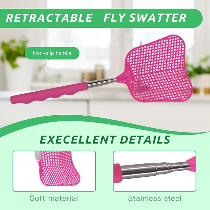 MYSTICHOME Fly Swatter 1 PCS, Durable Heavy Duty Plastic Fly Swatters, Stainless Steel Telescopic FlySwatter for Indoors/Outdoor/Kitchen/Garden (Roes Red)
