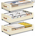 SpaceHacks Under Bed Storage with Wheels 3Pack Underbed Storage with Clear Window&Label Under Bed Drawers Large Capacity Rolling Under Bed Storage for Clothes,Shoes, Blankets (Beige)