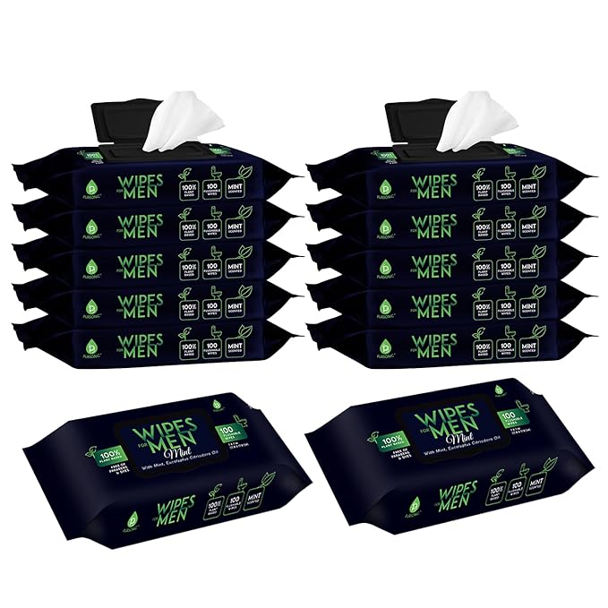 Pursonic Soft Mint Scented Flushable Wipes for Men - 12 Pack (1200) Plant Based Face and Body Wipes with Aloe Vera & Vitamin E - Extra Large Wipes for Gentle & Thorough Cleansing