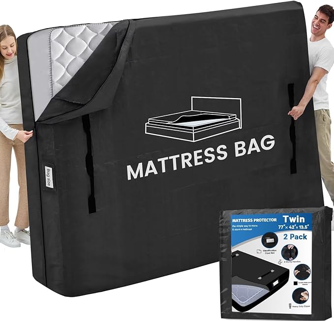 Mattress Bags for Moving and Storage, BETU Twin Mattress Protector Waterproof Mattress Cover with 8 Heavy Duty Handles and Zipper Extra Thick Moving Supplies for Dorm Bed (2 Pack:77x42x13.5 Black)