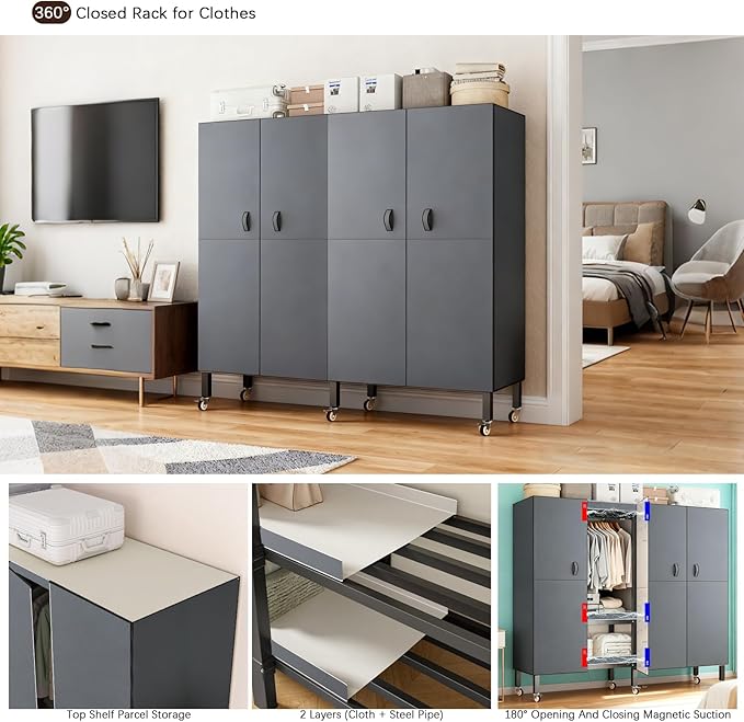 Foldable Portable Armoire Wardrobe Closet for Hanging Clothes Rack, Heavy Duty Covered Clothes Rack with Cover(HARDBOARD Magnetic), Closet Garment Rack for Bedroom Storage (KT Grey, 49.21in)