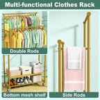 Double Rods Clothes Rack for Hanging Clothes, Heavy Duty Rolling Clothing Rack with Wheels, Freestanding Garment Racks with Oxford Bottom Shelf and Mesh Bottom Shelf for Bedroom Laundry (Gold)