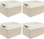 4 Pack Fabric Storage Baskets for Shelves, Closet Storage Bins for Shelves, Fabric Baskets for Organizing with Handles for Home and Office (White with Beige,15"L*10.2"W*9"H)