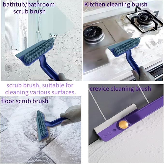 Oiyaku Multi-Purpose Cleaning Brush Stiff-Bristle Kitchen Cleaning Brush with Squeegee, Debris Picker and Scraper, Suitable for Bathroom, Floor and Window, Sink, Bathtub and Tile Grout Cleaning Tools