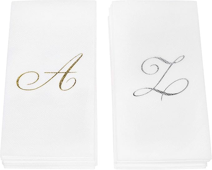 AMERICAN HOMESTEAD Disposable Hand Towels - Silver Foil Monogrammed Guest Napkins - Linen-Like Bathroom Paper Towels for Guests - Perfect Wedding and Party Napkins - 50 Count (Silver U)