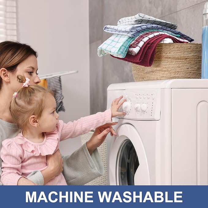 Homaxy Premium Cotton Kitchen Towels 16"x 28", Large Natural Ring Spun 390 GSM Dish Towels, Super Absorbent Terry Kitchen Hand Towels, Soft Tea Towel with Hanging Loop, Navy Blue Check Design, 6 Pack