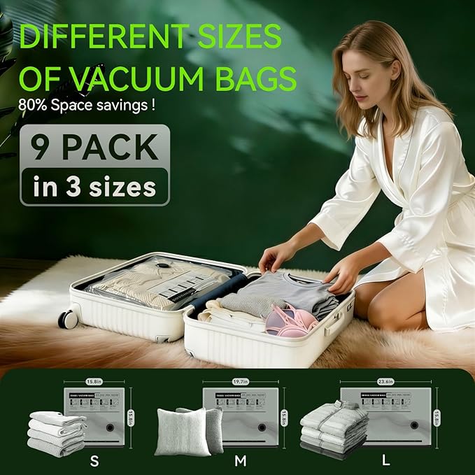 Vacuum Bags for Travel - USB Electric Pump, 9 Pack Carry-on Size Vacuum Seal Bags for Clothing - Space Saver Vacuum Storage Bags for Luggage, Travel Essentials.