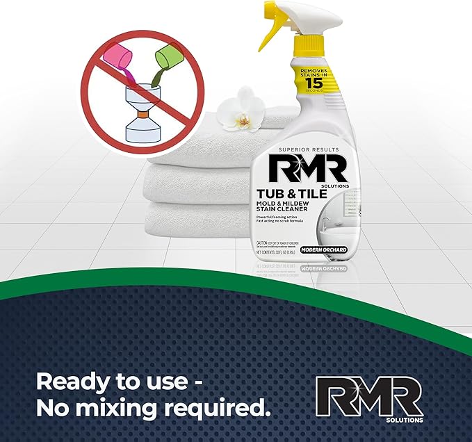RMR - Tub and Tile Cleaner, Industrial-Strength, No-Scrub Foam Cleaner, Modern Orchard Scent, 30 Fl Oz