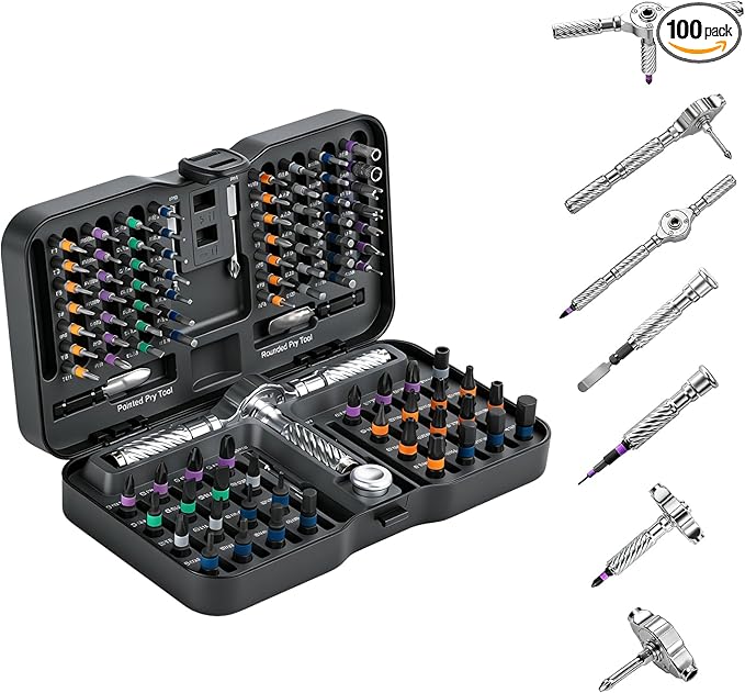 VMAN Ratchet Screwdriver Set, 100 in 1 magnetic Screwdriver sets, S2 Steel Bits, DIY Combination Flexible Shaft, Suitable for Furniture Assembly, Precision Electrical Appliance Repair, Bicycle Tools
