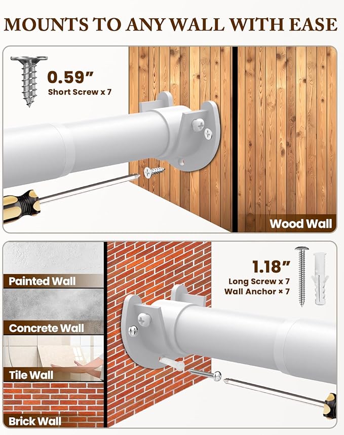 Closet Rod 17-69 IN, Heavy Duty Closet Rods for Hanging Clothes, Adjustable Closet Rods for Wardrobes Storage Laundry RV Bathroom, Easy Install, White