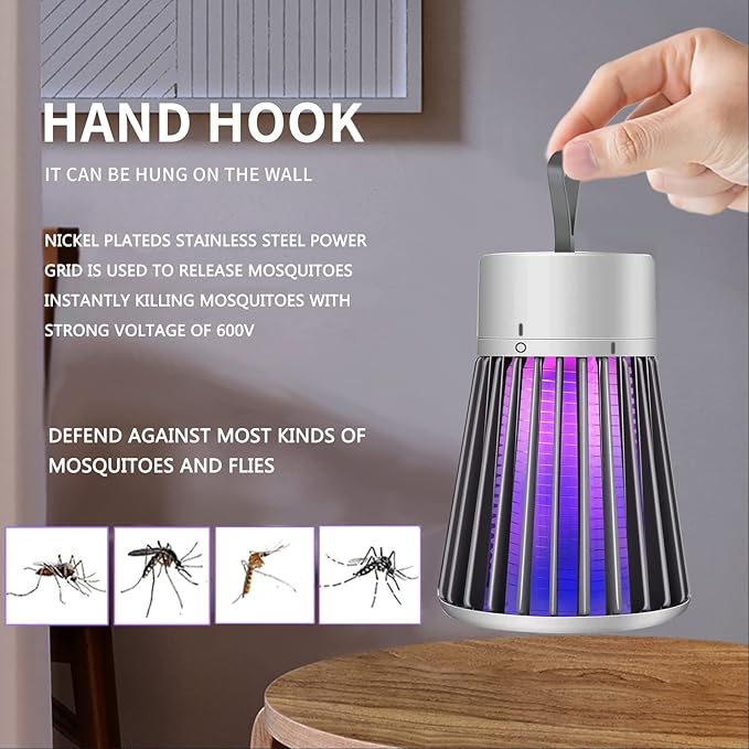 Bug Zapper Outdoor,Electric Mosquito Zapper Portable Camp Mosquito Killer,Rechargeable Indoor Fly Zapper,Electric Fly Zapper,Fly Traps,Flying Insects Zapper Indoor Outdoor (Grey)