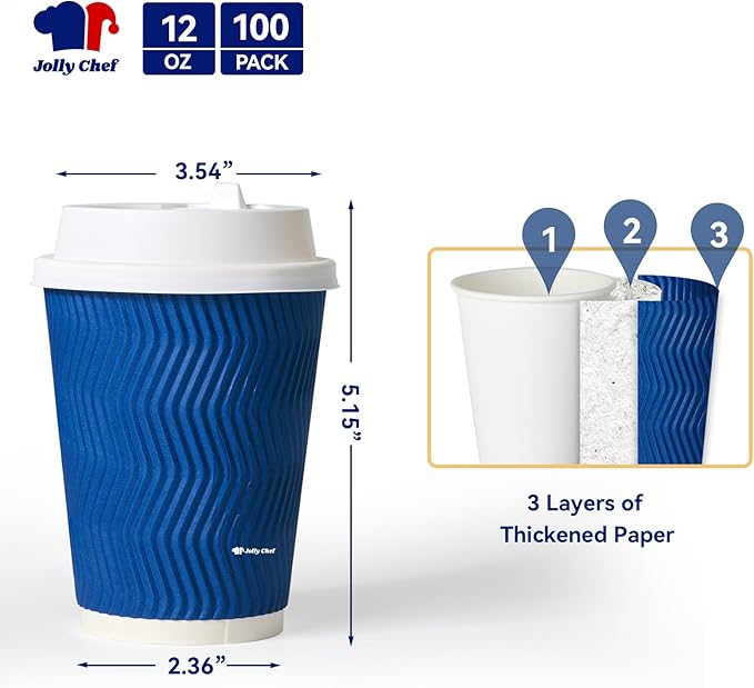 JOLLY CHEF 100 Pack Disposable Coffee Cups, 12oz To Go Paper Coffee Cups with Lids and Stirrers for Hot Beverage