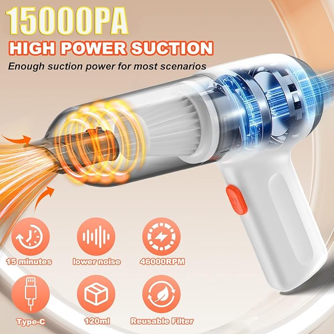 Mini Car Vacuum Cleaner, Small Handheld Vacuum Portable Cordless 3 in 1 Dust Buster & Air Blower & Hand Pump, 15000PA Rechargeable Hand Vacuum High Power for Car, Home, Office