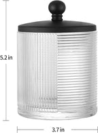 Clear Transparent Apothecary Ribbed Geometric Etched Glass Jar W/Matte Black Metal Lid Cover for Bathroom Organization, Cotton Balls, Q Tips, and Small Accessories, Bathroom Storage