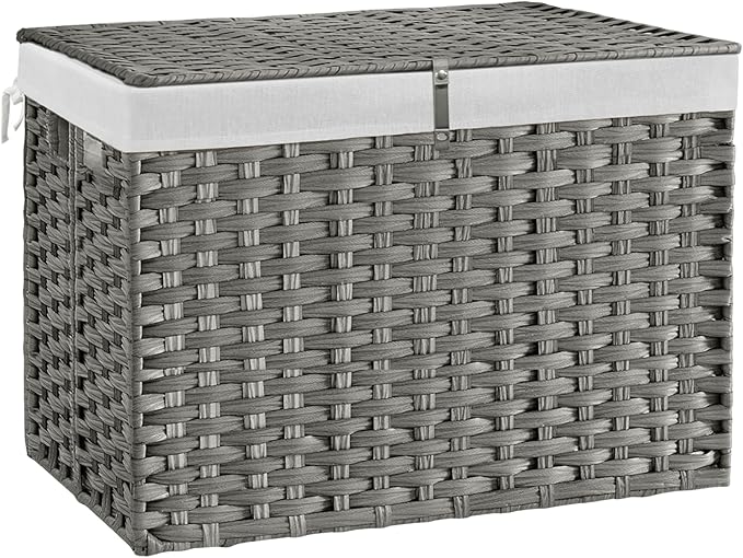 240L Wicker Storage Basket with Lid, Handwoven Rattan Large Shelf Basket with Removable Liner, 63.5 Gallon Wicker Basket for Blanket, Storage Trunk with Handle for Closet, Bedroom, Livingroom, Grey