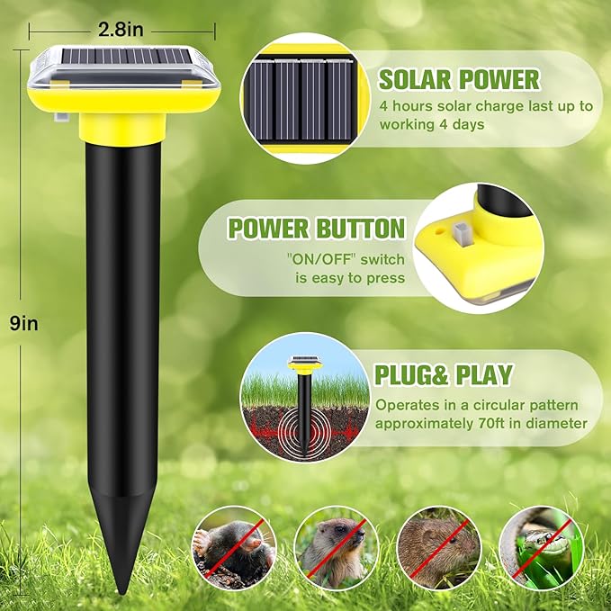 Solar Mole Repellent, Ultrasonic Gopher Repeller Outdoor, Solar Powered Waterproof Snake Repellent Deterrent Gopher Vole Snake Pest and Other Animals from Lawn Garden Yard Home(LightYellow, 4 Packs)