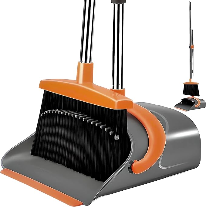 Broom and Dustpan Set – Upright Standing Broom with Long Handle and Clip-On Dustpan – Indoor Sweeping Set for Home, Office, or Kitchen – Space-Saving & Easy to Store (Orange & Black)