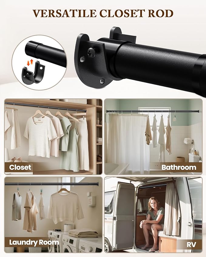 Closet Rod 17-69 IN, Heavy Duty Closet Rods for Hanging Clothes, Adjustable Closet Rods for Wardrobes Storage Laundry RV Bathroom, Easy Install, Black