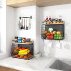 Wawocs Magnetic Shelf for Fridge with Wood Lid, 2 Tier Fruit Baskets Wall Mounted Hanging Basket with 4 Hanger Hooks, Potato and Onion Magnetic Storage Bins for Kitchen Counter, Refrigerator, Cabinet