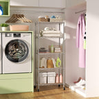 SINGAYE 5 Shelf Storage Wire Shelves Closet Bathroom Organizers Metal Pantry Kitchen Garage Shelving Unit Laundry Room Organization Home Narrow Rack Net Basket with Wheels Silver