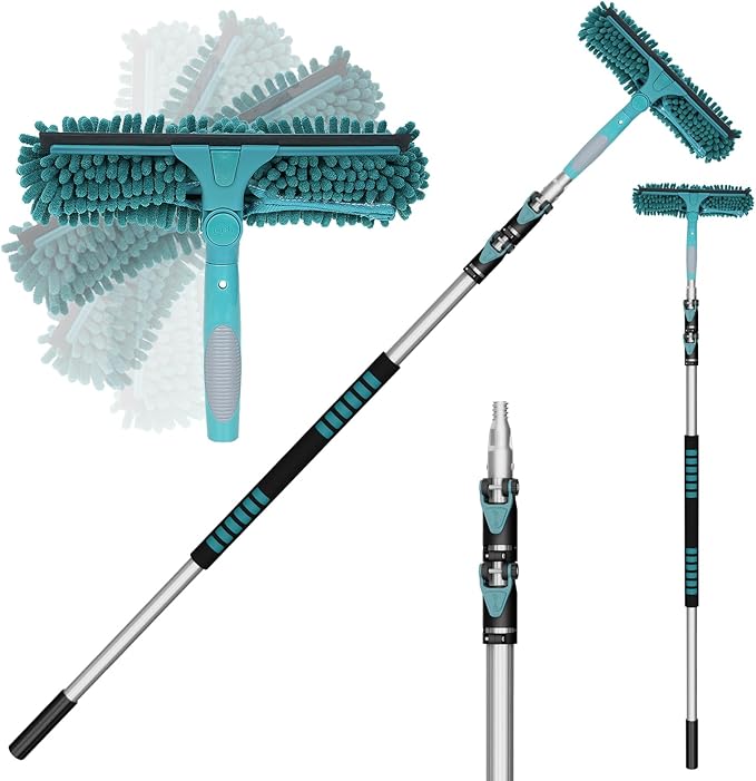 20 Feet High Reach Window Squeegee with 5-12Ft Extension Pole, Window Cleaner Tool with 3-Stage Telescoping Pole, Window Cleaning Kit with Rotatable Head (2 Squeegee & 2 Microfibre Cloths)