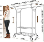 HYSEYY Heavy Duty Clothes Rack, Rolling Clothing Rack With Shelves Load 620 LBS, Double Rod Clothing Racks for Hanging Clothes, Portable& Adjustable Clothes Rack with Wheels Garment Rack