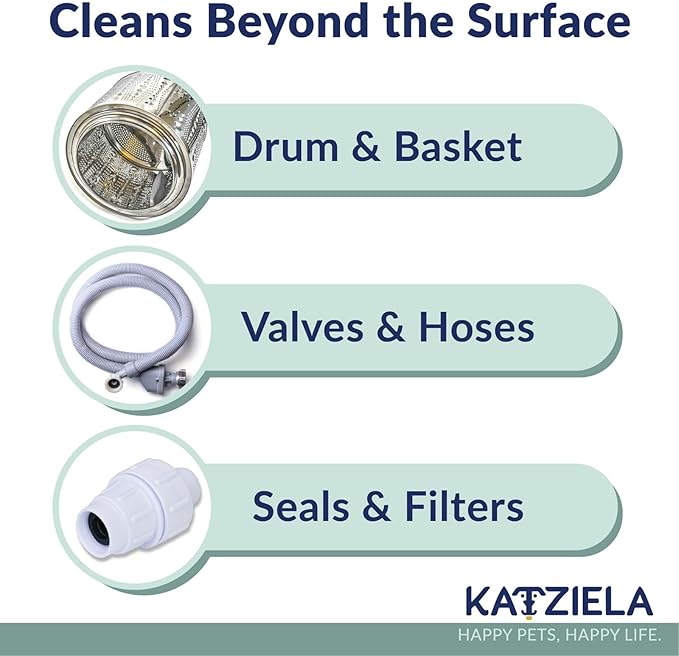 Katziela Washing Machine Cleaner Tablets – 6 Pack (3-Month Supply) – Loosens Pet Hair & Eliminates Odors – Fragrance-Free Enzyme Formula – Safe for All Washers – HE Compatible & Septic Safe