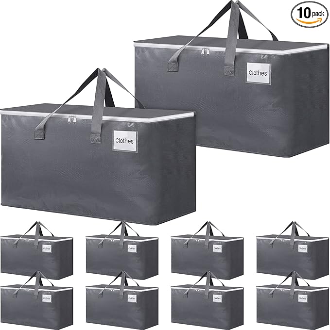 BlissTotes Large Moving Boxes and with Zippers & Handles Moving Supplies with lids, Heavy Duty Totes for Storage Bags for Space Saving, Fold Flat, Moving and Storing, 93L, 10 Pack