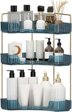 INVSSENE Corner Bathroom Countertop Organizer, Vanity Organizer Trays for Counter, Makeup Organizers, Perfume Tray, Skincare Shelf Storage Gifts for Women Girl Student (Blue, 3 Tiers)