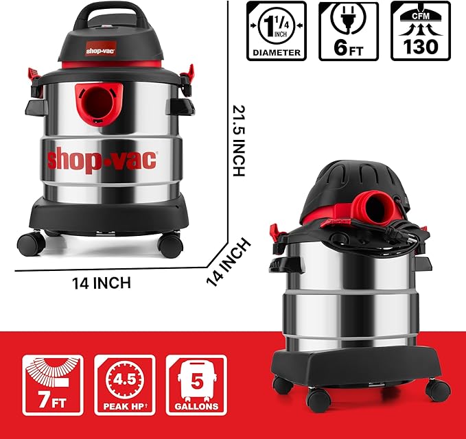Shop-Vac 5989305 Wet/Dry Vacuum, 5 Gallon, 4.5 Peak HP Stainless Steel Vacuum, 1.25 Inch Diameter x 7 Foot Hose, 6 Ft Cord Length, Ideal for Jobsite, Garage, Car & Workshop